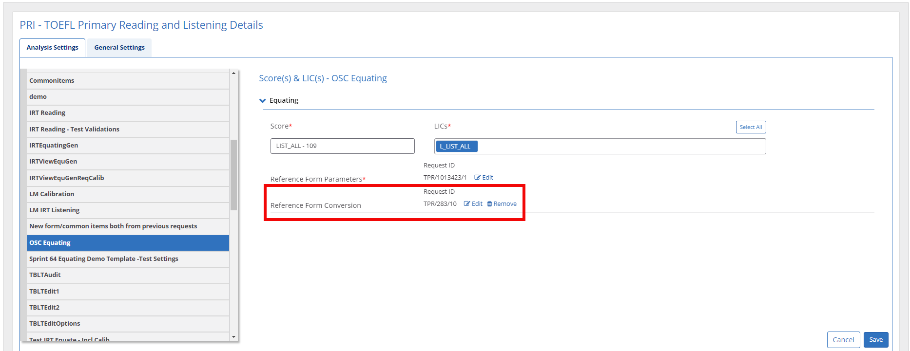 Equating test settings conversion 3